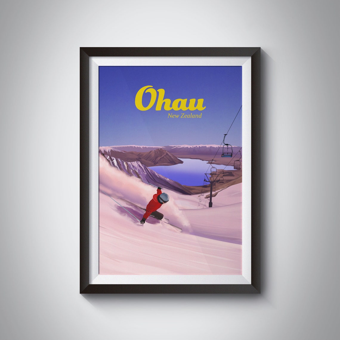Ohau New Zealand Powder Slope Chairlift Lake View Ski Poster