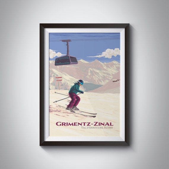 Grimentz Zinal Ski Resort Poster Switzerland Val Danniviers Bec De Bosson Zermatt Alps Vintage Travel Print Snowboarding Retro Art
