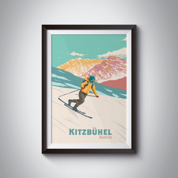 Kitzbuhel Ski Resort Poster Austria Skiing Print Tyrol Snowboarding Innsbruck Hahnenkamm Race Telemark Retro Vintage Mountains