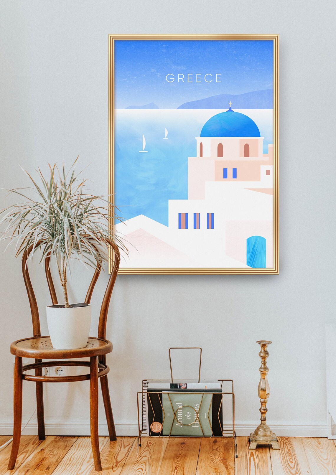 Greece Santorini Blue Dome Minimalist Poster, Aegean Church Sea View - Image 2