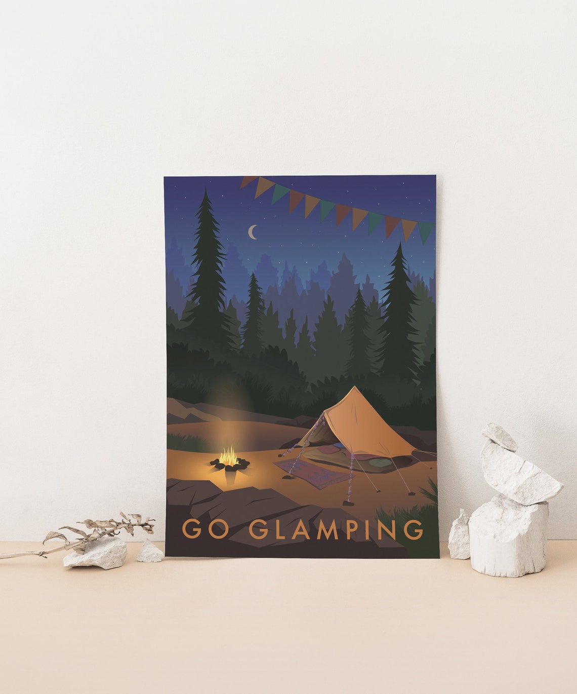 Go Glamping Art Print Outdoor Adventure Hiking Camping Vintage Travel Poster Wall Art Campfire Painting Tent Nature Hen Do Party - Image 3