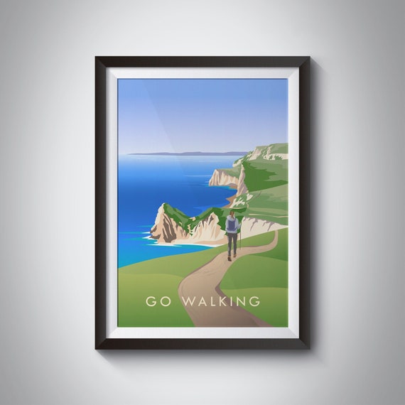 Go Walking Coastal Cliff Path Jurassic Coast Retro Outdoor Travel Poster