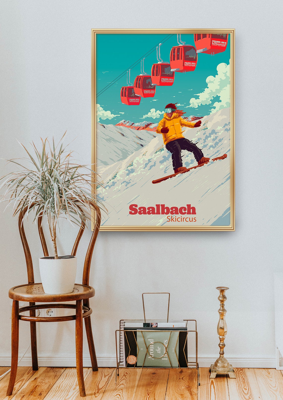 Saalbach Skicircus Red Gondolas Snowboarder Alpine Vintage Poster - Image 2