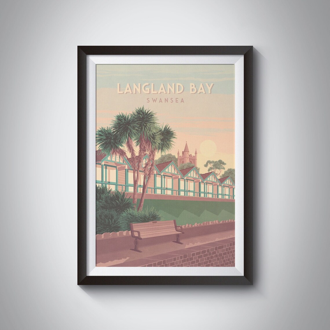 Langland Bay Swansea Beach Huts Sunset Retro Welsh Travel Poster