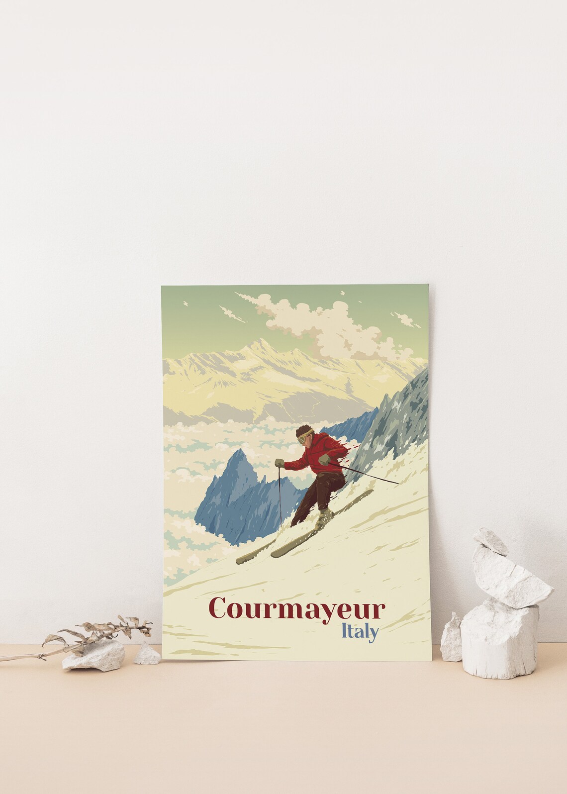 Courmayeur Italy Mont Blanc Vintage Skier Descent Travel Poster - Image 4