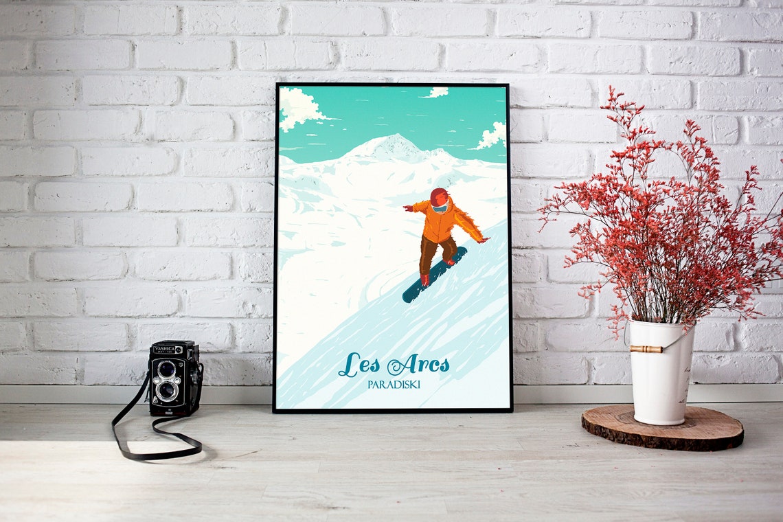 Les Arcs Paradiski Snowboarder Carving Turquoise Sky Ski Resort Poster - Image 3