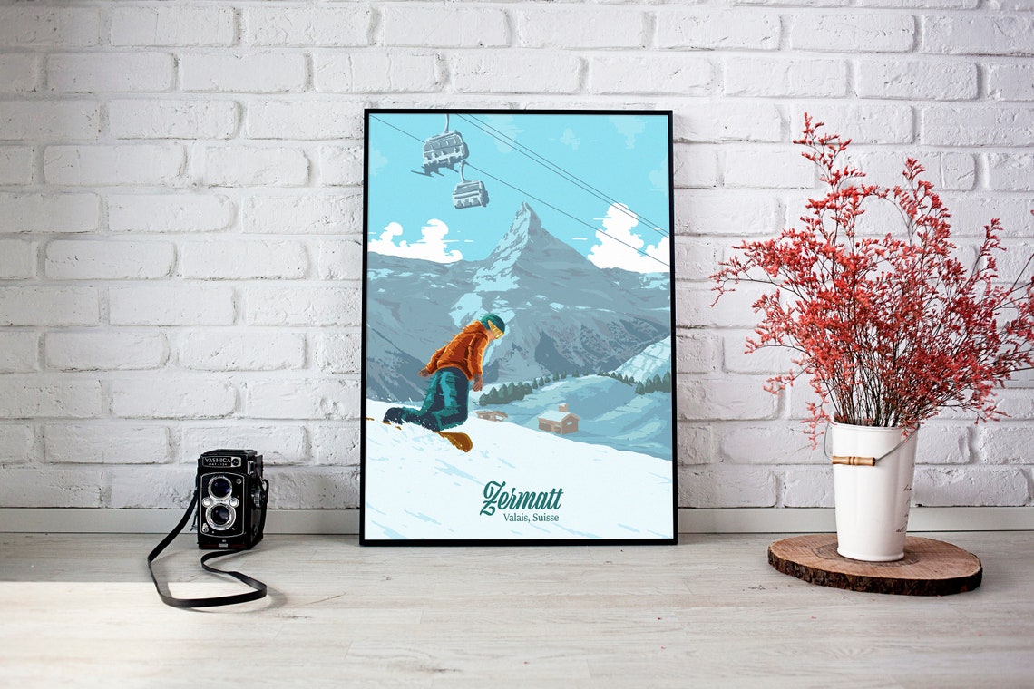 Zermatt Switzerland Snowboarder Carving Matterhorn Gondolas Ski Poster - Image 3