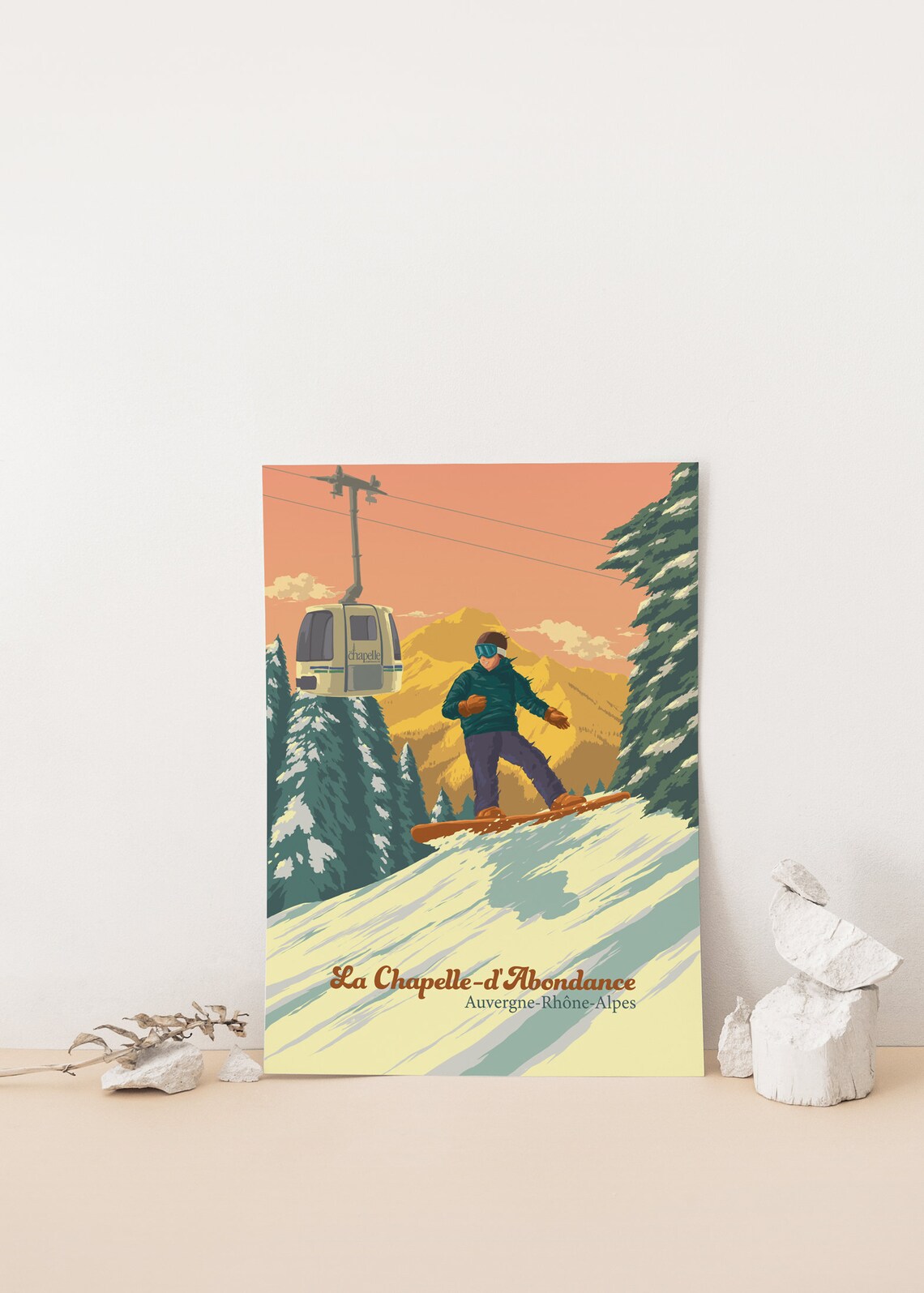 La Chapelle d'Abondance France Snowboarding Poster with Gondola Cabin - Image 4