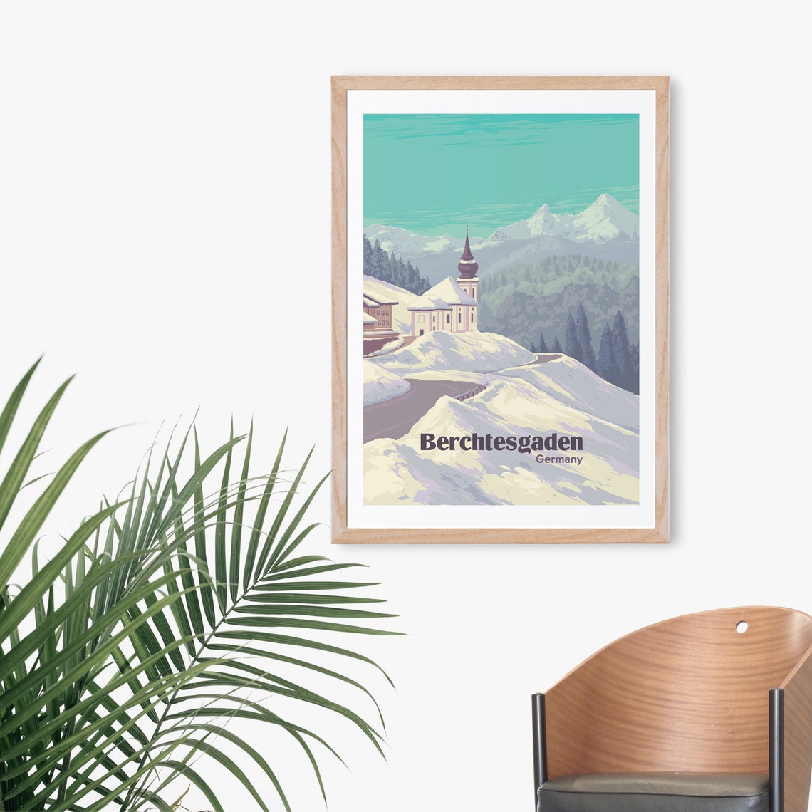 Berchtesgaden Travel Poster National Park Poster Germany St Sebastian Church Bavarian Alps Vintage Travel Print Ski Resort Poster Art - Image 2