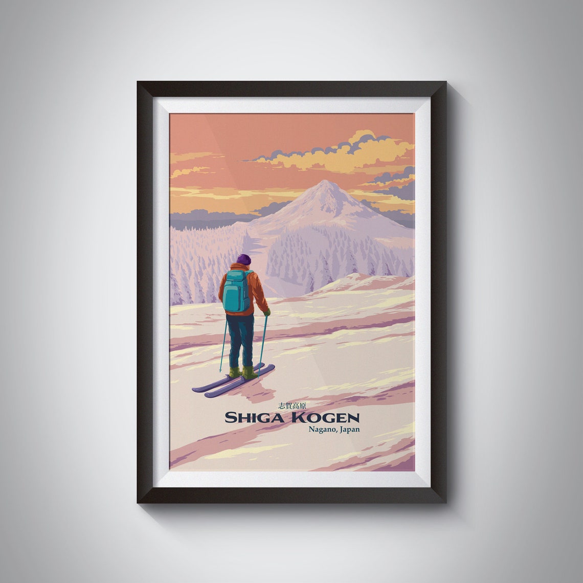 Shiga Kogen Skier Facing Snowy Mountain at Sunset Japan Poster