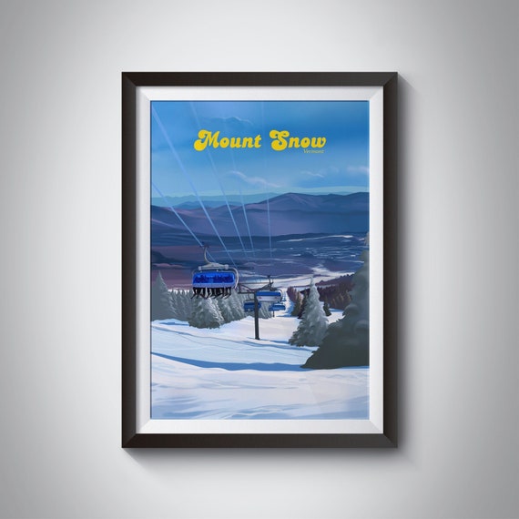 Mount Snow Vermont Ski Resort Travel Poster Green Mountain Range Mount Pisgah Snowboarding Ski Area Vintage Skiing Print Retro Artwork