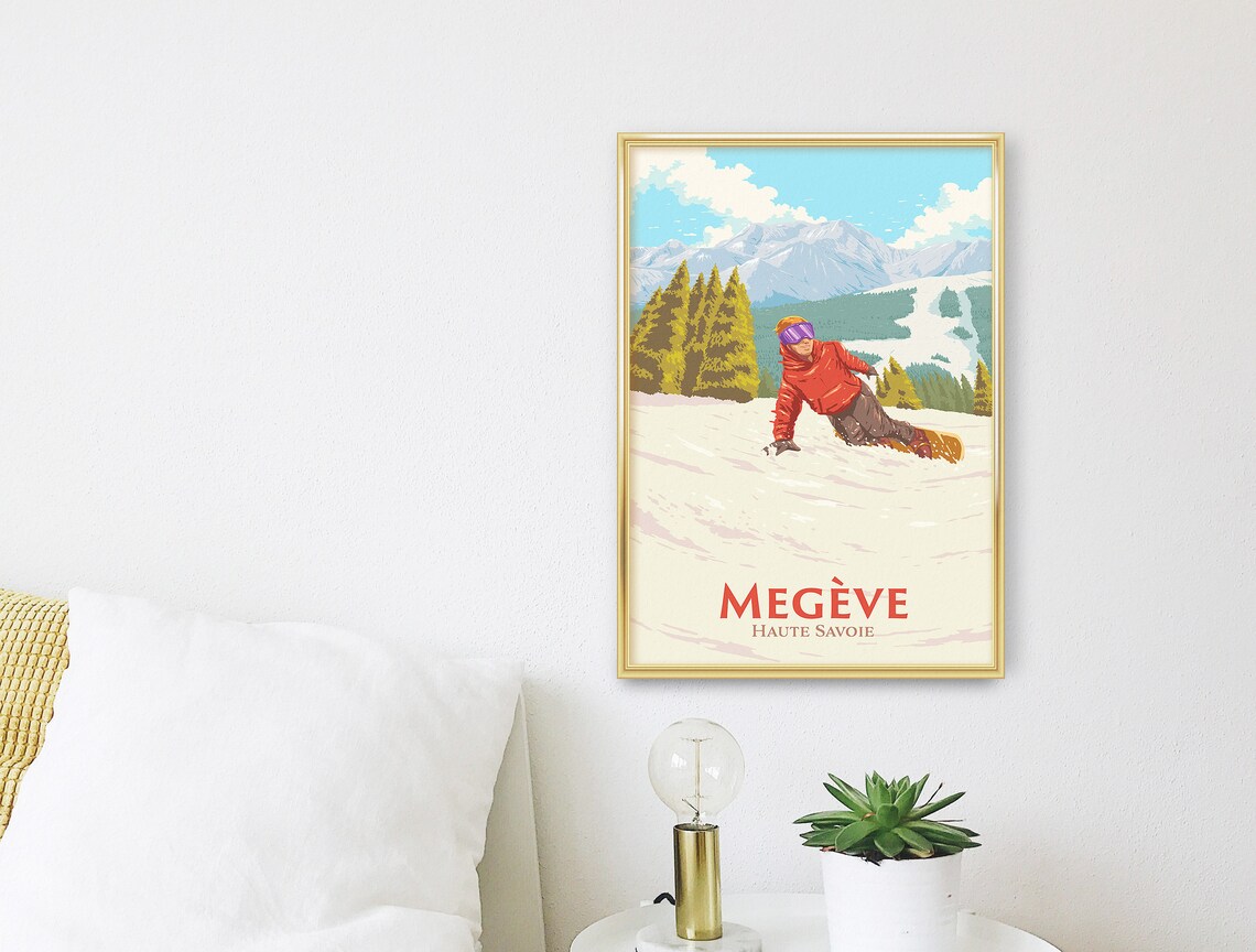 Megve Snowboarding Poster French Alps Haute Savoie Skiing Print Vintage Retro Art Mountain Ski Resort Ski Season Mont Blanc Massif - Image 3