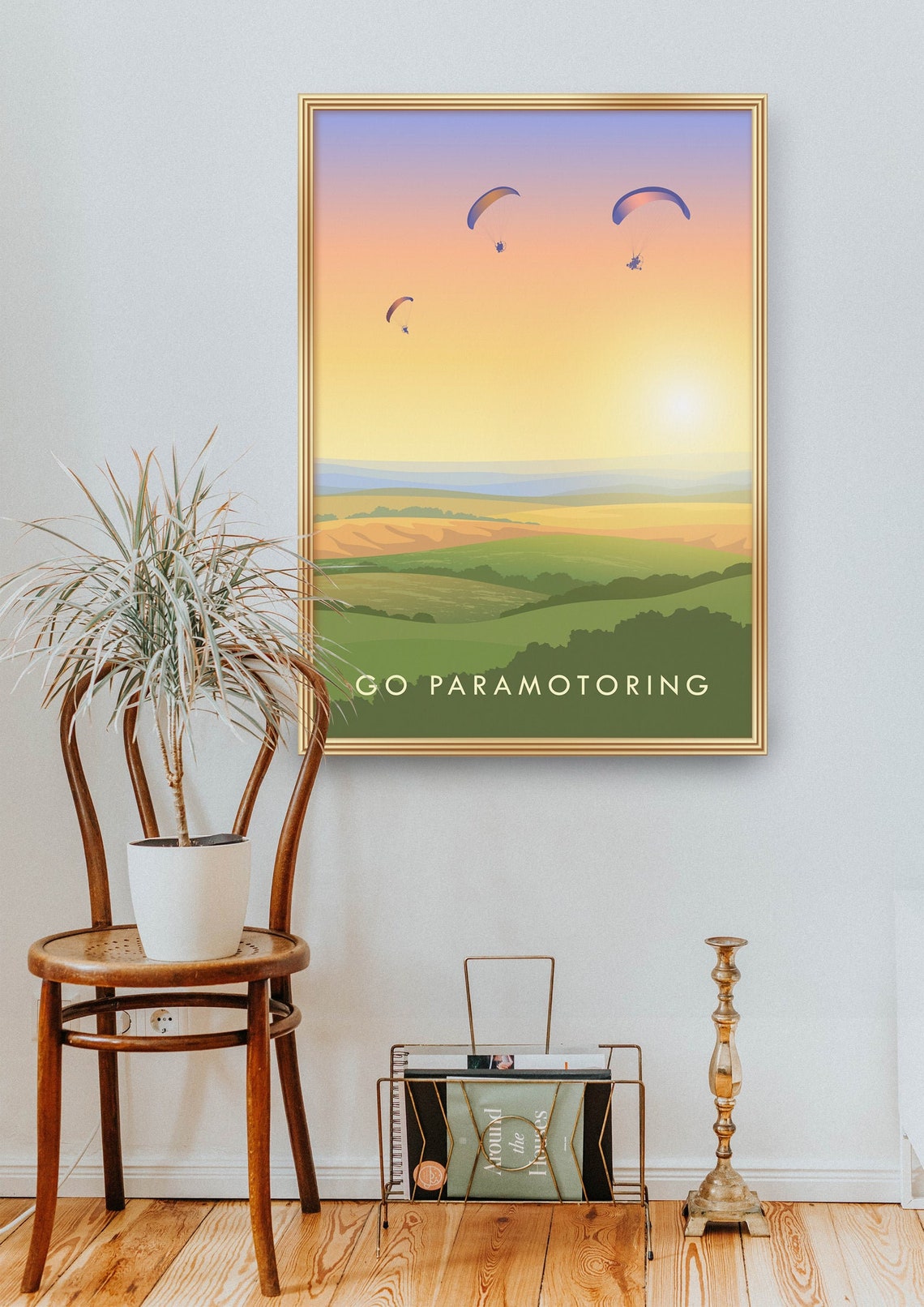 Go Paramotoring Sunset Sky Rolling Hills Retro Adventure Travel Poster - Image 2