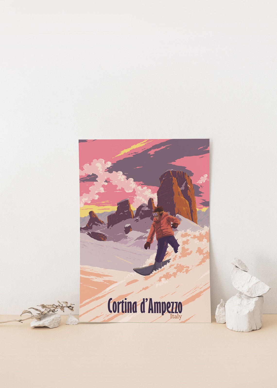 Cortina d'Ampezzo Dolomites Glowing Sunset Snowboarding Poster - Image 4