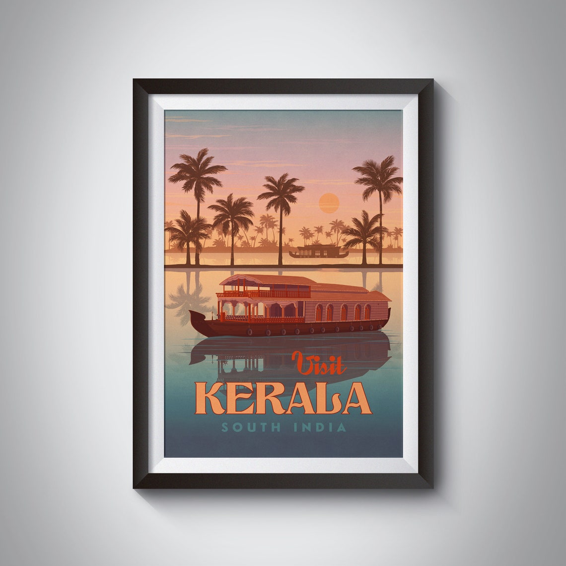 Visit Kerala Houseboat Sunset South India Backwaters Travel Poster