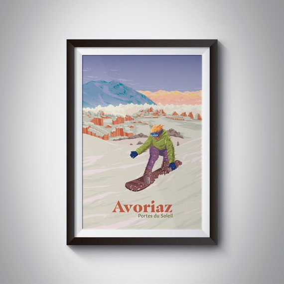 Avoriaz Snowboarding Poster Skiing Print Portes Du Soleil French Alps Morzine Ski Resort Seasonaire Vintage Retro Wall Art Mountains