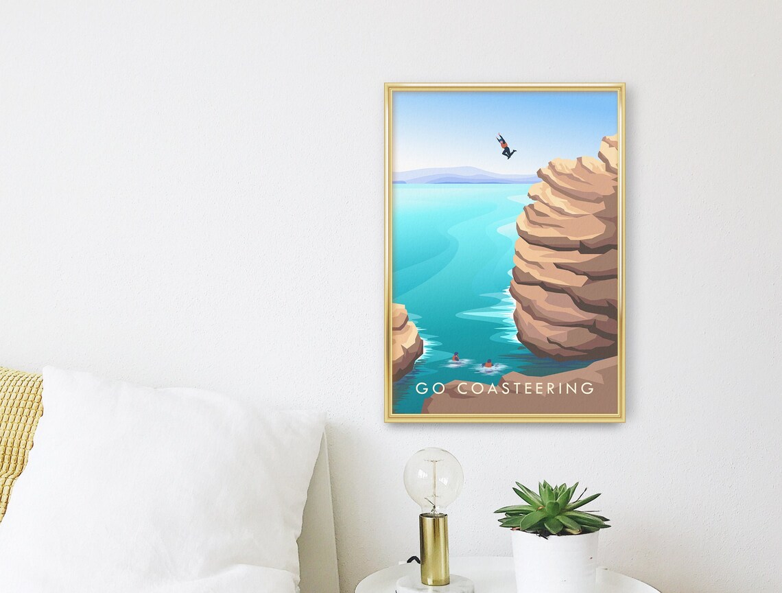Go Coasteering Cliff Jumping Turquoise Sea Swimmers Adventure Travel Poster - Image 2