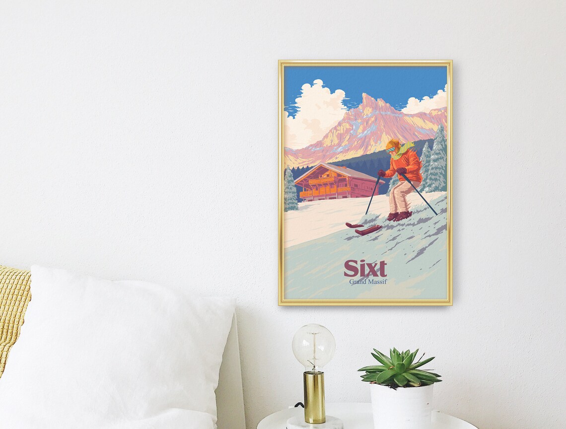 Sixt Grand Massif France Vintage Skier Chalet Snowy Peak Travel Poster - Image 3