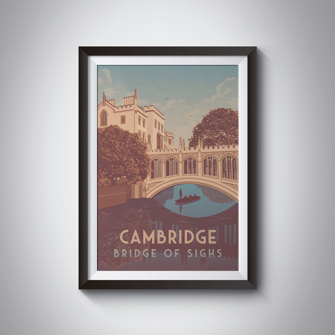 Cambridge Bridge of Sighs River Cam Vintage Punting England Poster