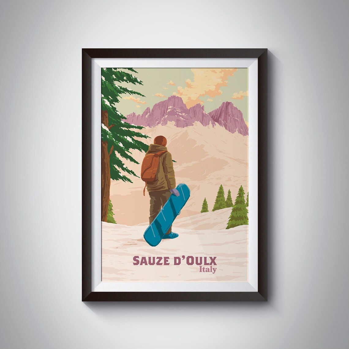 Sauze Doulx Vintage Ski Art, Italian Alps Travel Poster