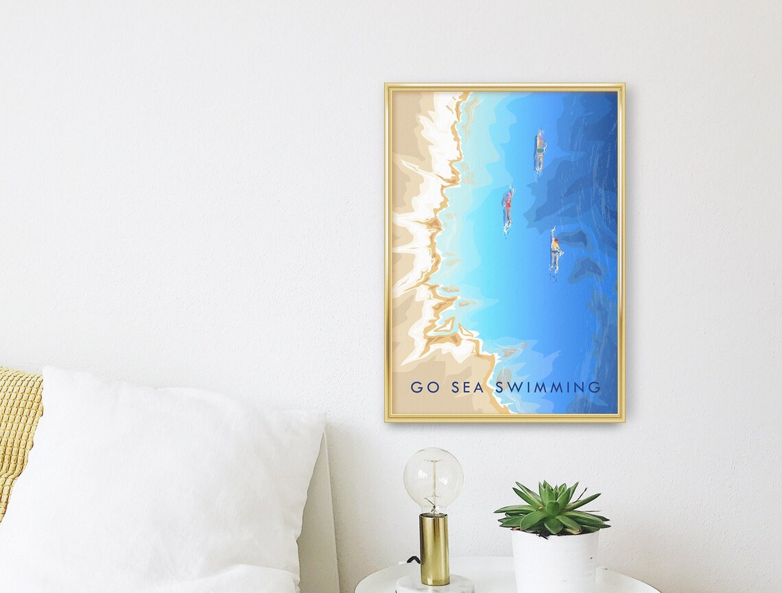 Go Sea Swimming Aerial Blue Ocean Swimmers Beach Scene Poster - Image 3