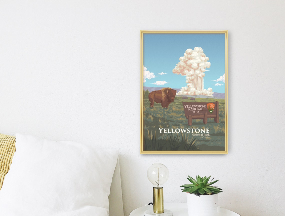 Yellowstone National Park Old Faithful Erupting Geyser Bison Poster - Image 3