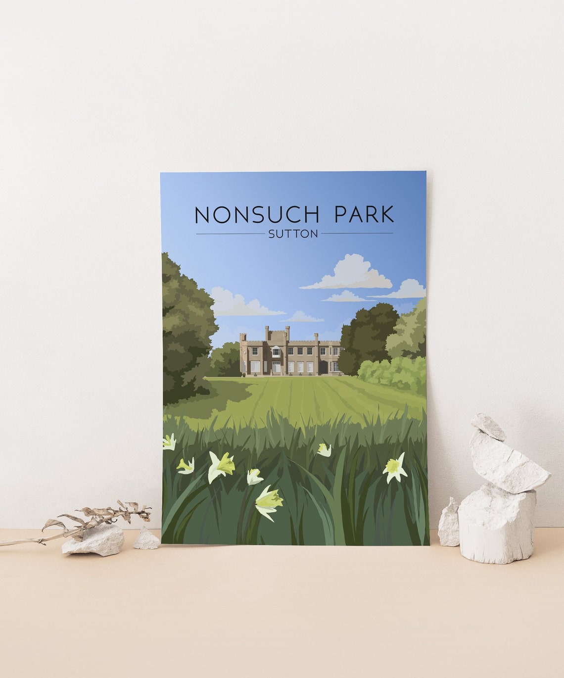 Nonsuch Park Sutton Mansion Daffodils Spring Lawn Scene Poster - Image 4