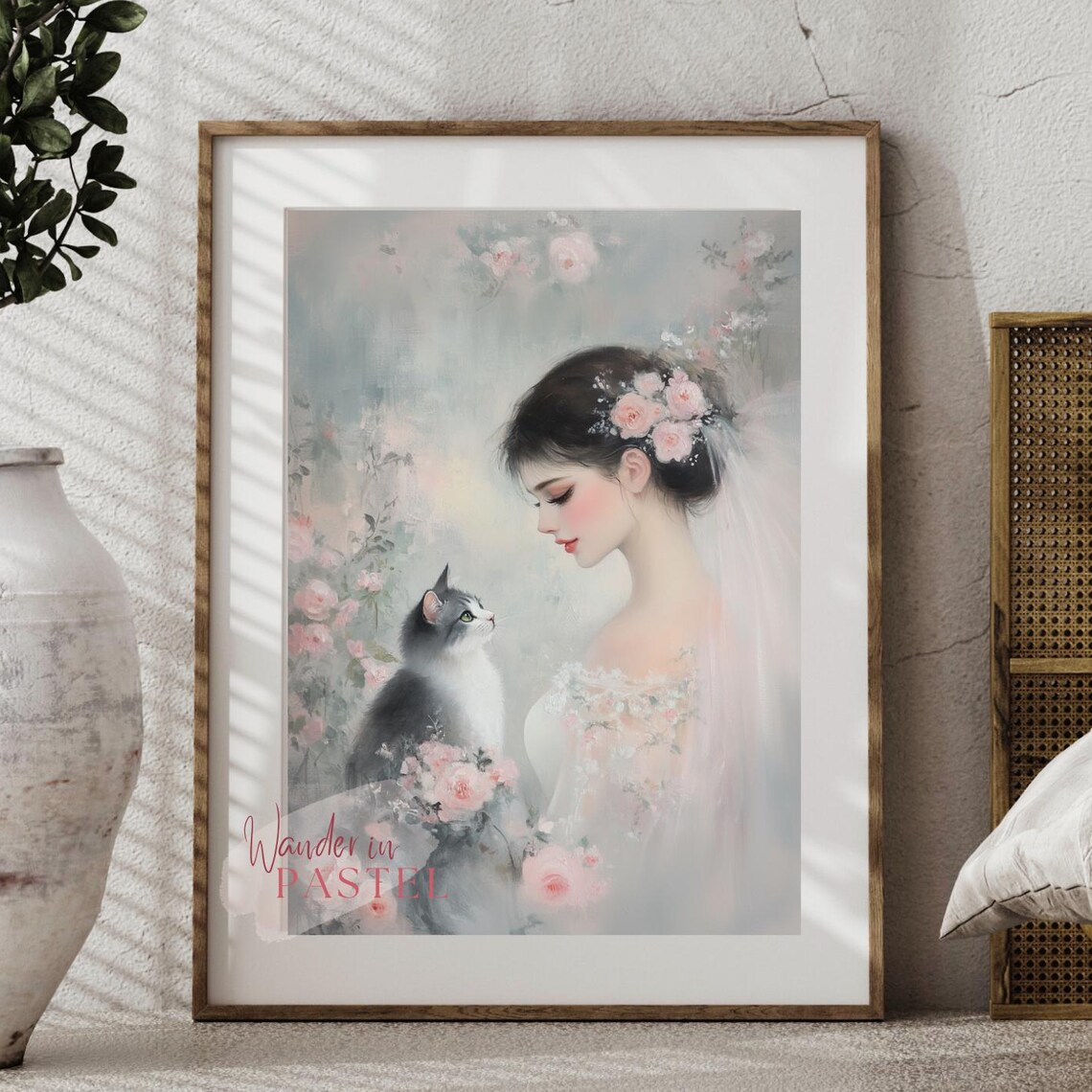 Dreamy Pastel Woman With Cat Floral Rose Oil Painting Style Poster