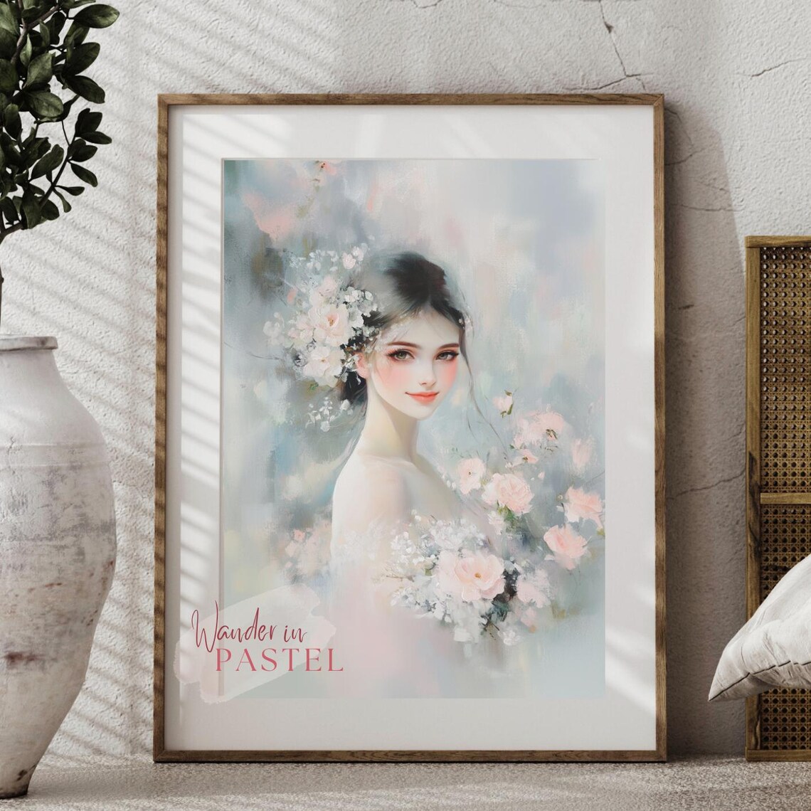 Dreamy Smiling Pastel Woman Floral Roses Oil Painting Style Poster