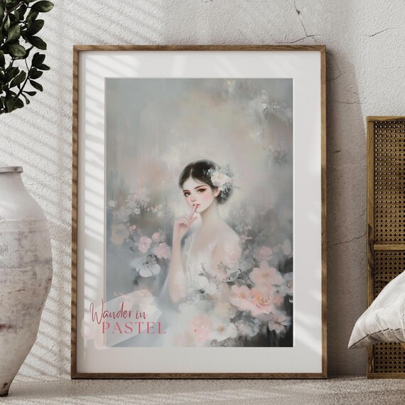 Dreamy Pastel Woman Finger On Lip Floral Roses Oil Painting Style Poster