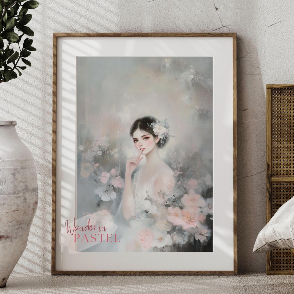 Dreamy Pastel Woman Finger On Lip Floral Roses Oil Painting Style Poster