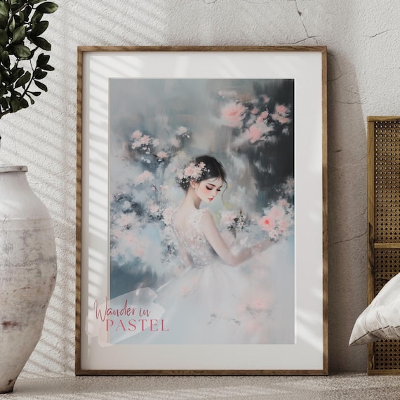 Pastel Woman Dancing Floral White Dress Oil Painting Style Poster