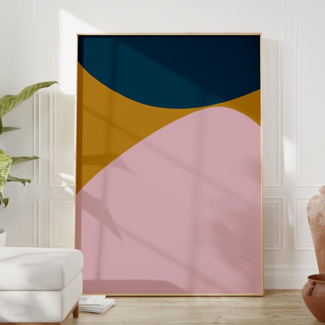 Mustard Teal and Blush Pink Abstract Curves Minimalist Wall Art