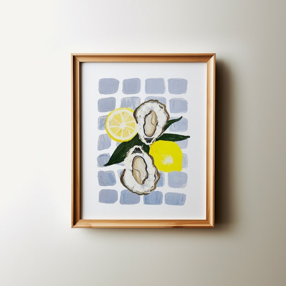 Oysters And Lemons Wall Art Summer Kitchen Food Poster Illustration Coastal Trendy Foodie Art Colourful Bold Eclectic Print