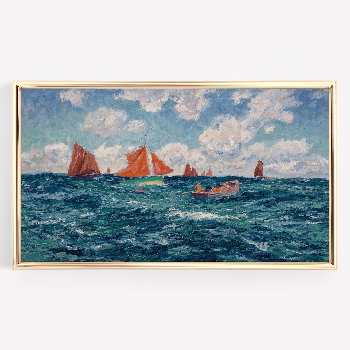 Red Sailed Boats Impressionist Seascape Coastal Painting Poster - Image 2