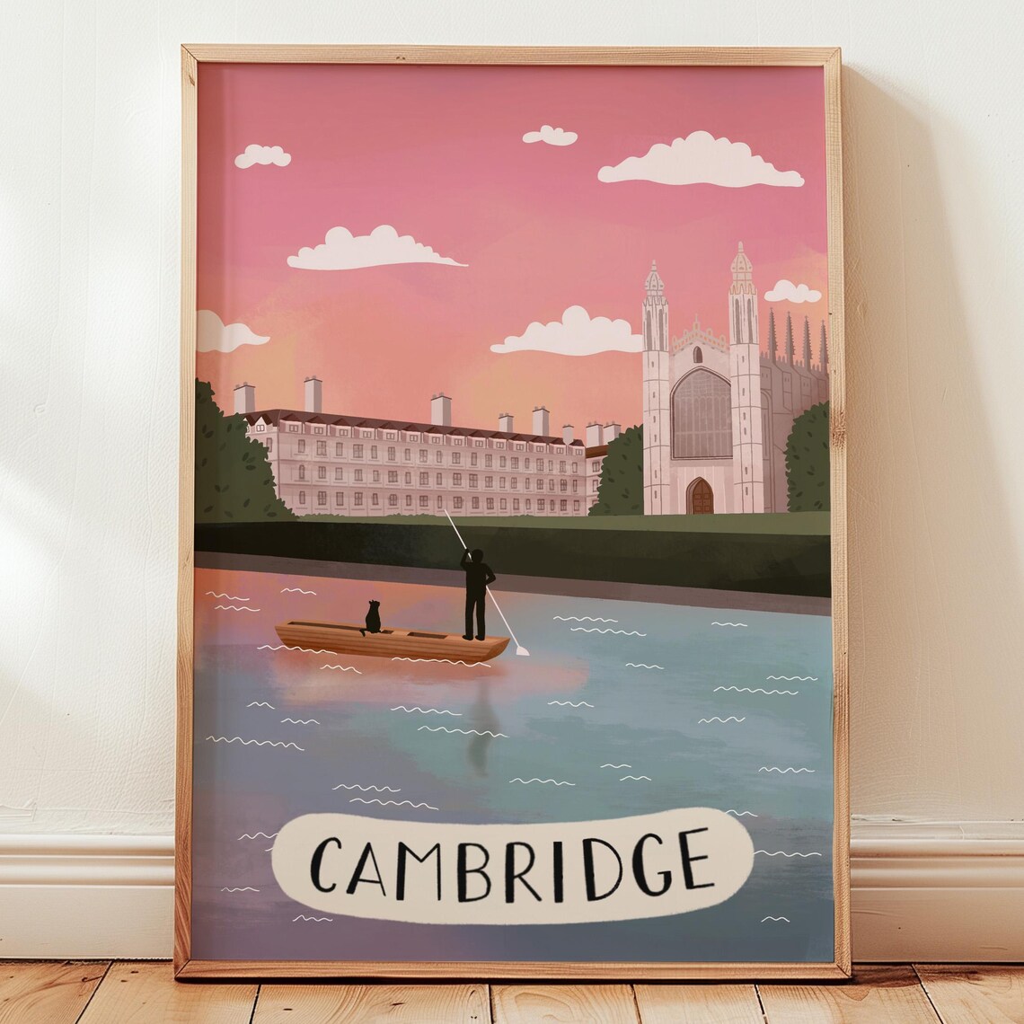 Cambridge England Punting On The River Sunset Illustration Travel Art Poster