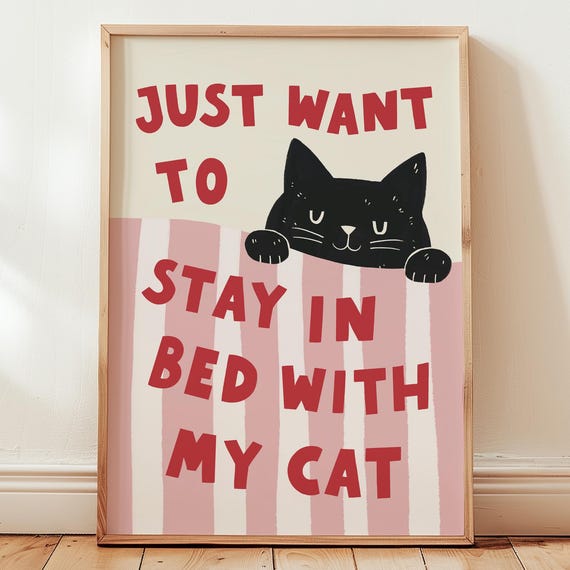 Funny Cat Art Print, Cozy Bedroom Decor