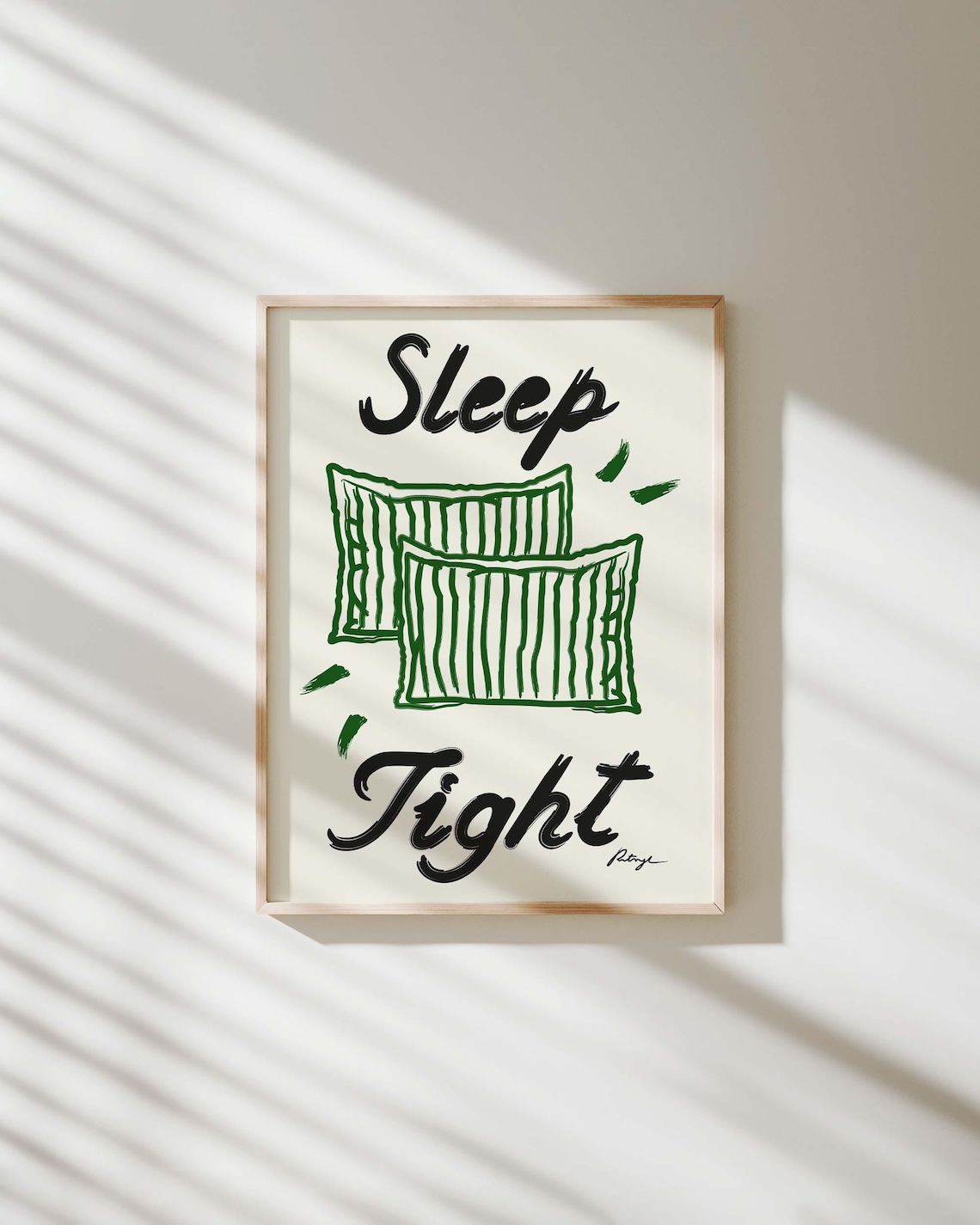 Sleep Tight Green Striped Pillows Minimalist Bedroom Decor Quote Poster