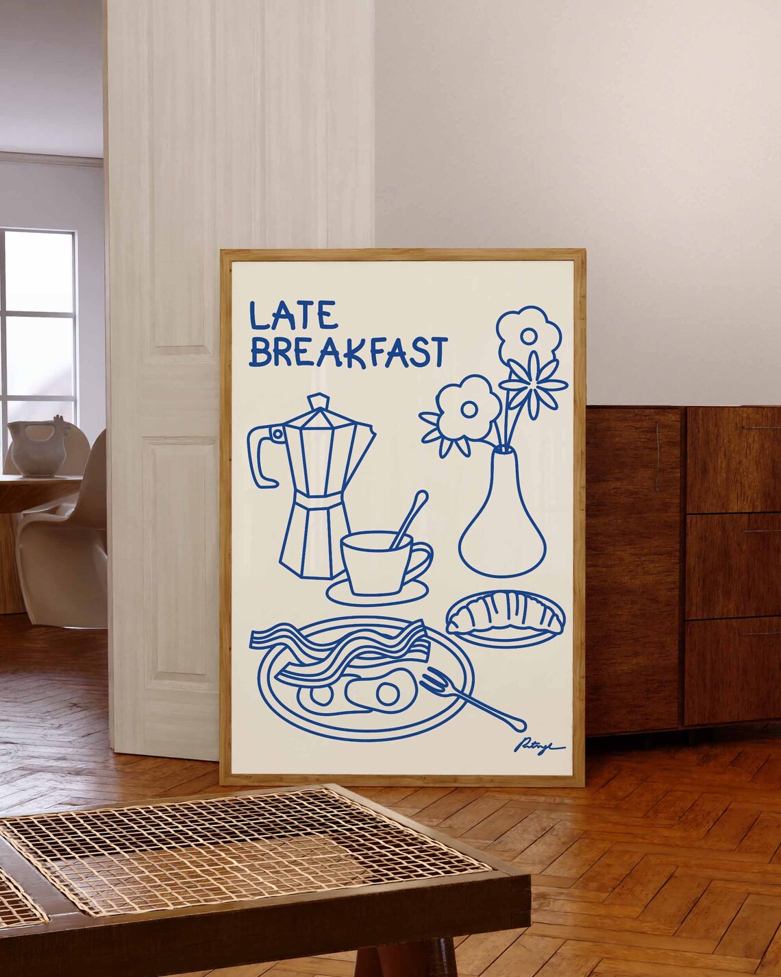 French Croissant Breakfast Art Print, Handdrawn Kitchen