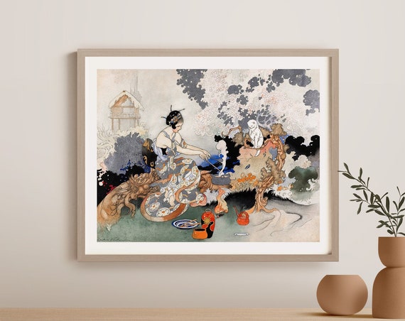 Vintage Magic Woman And Cat Art Print, Charles Robinson