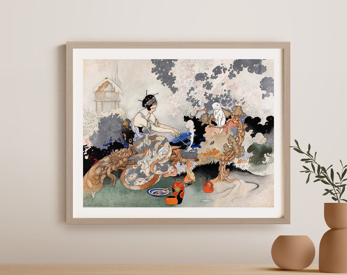Vintage Magic Woman And Cat Art Print, Charles Robinson