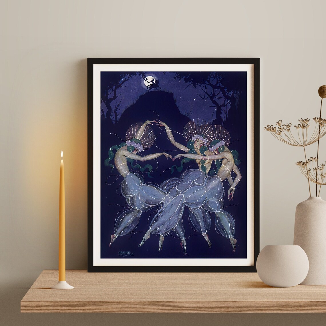 Vintage Moonlight Dancing Women, Art Nouveau Poster