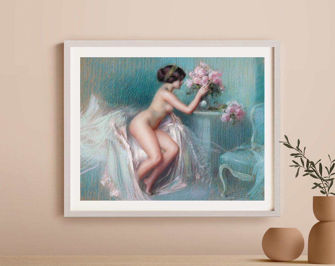 Woman Arranging Pink Roses Delphin Enjolras French Pastel Poster