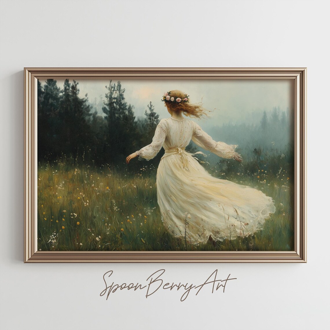 Woman in White Dress Dancing in a Flower Meadow Vintage Art Poster