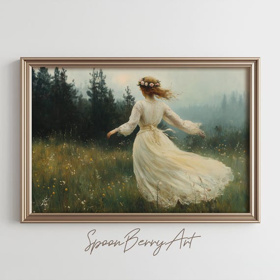 Flower Girl Field Painting Art Prints Vintage Wall Decor Dark Moody Tone Country Gothic Victorian Antique Contemporary