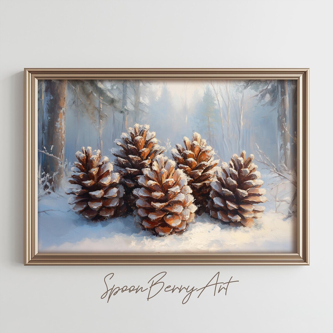 Snow Dust Pine Cones Winter Forest Moody Oil Painting Poster