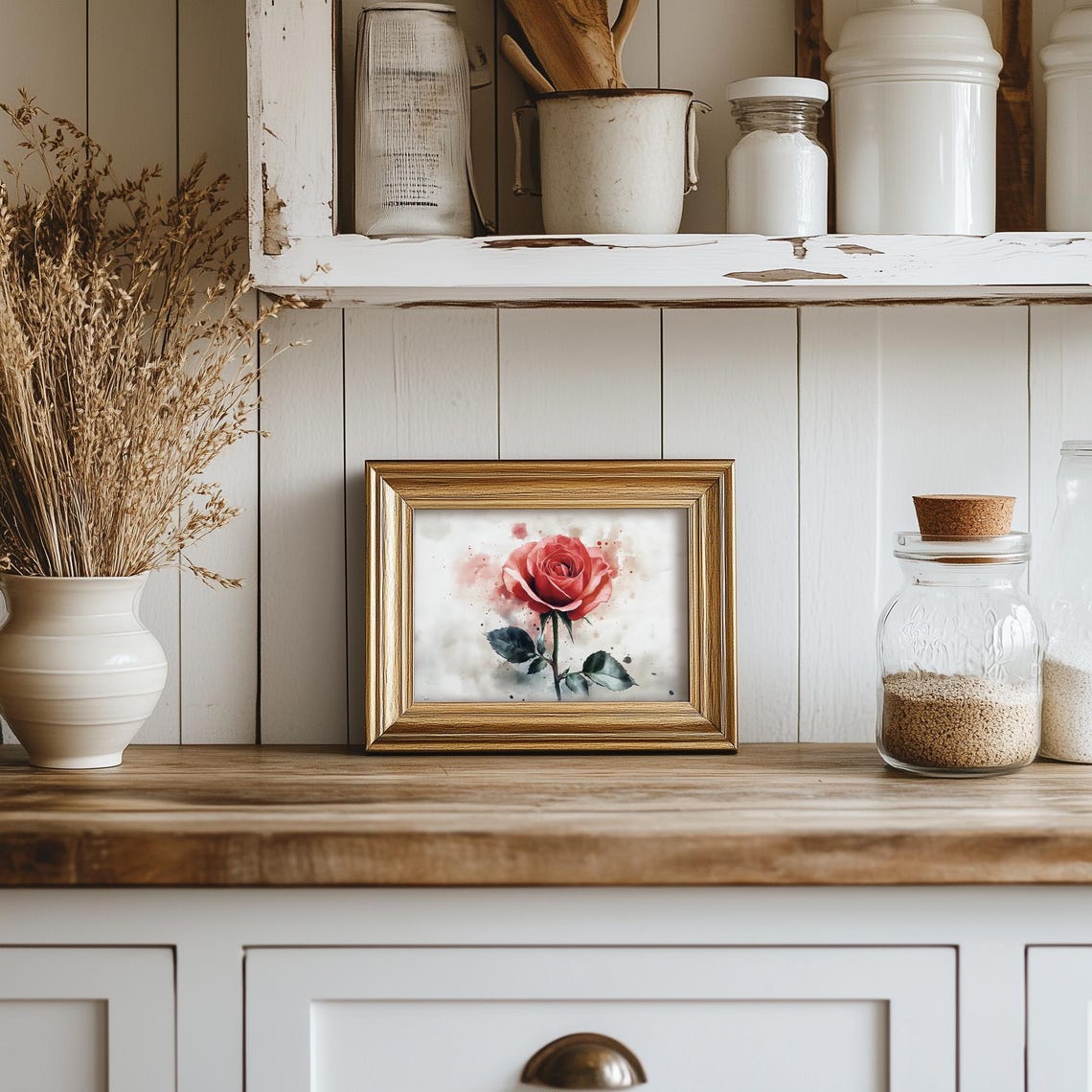 Single Coral Red Rose Bloom With Watercolor Splash Art Poster - Image 5