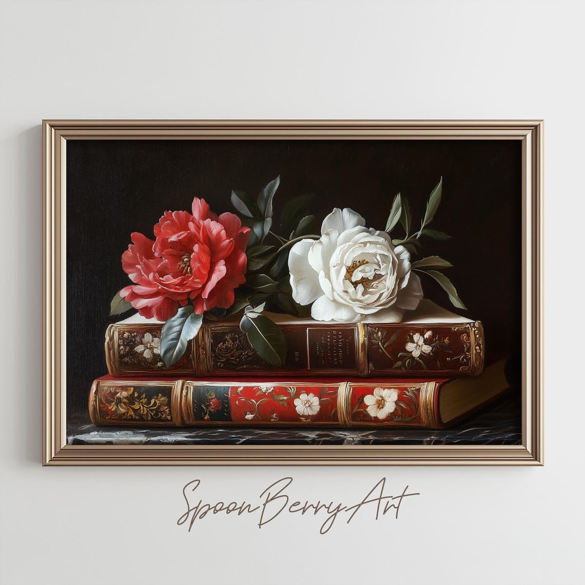 Stacked Antique Books with Red White Roses Dark Library Poster