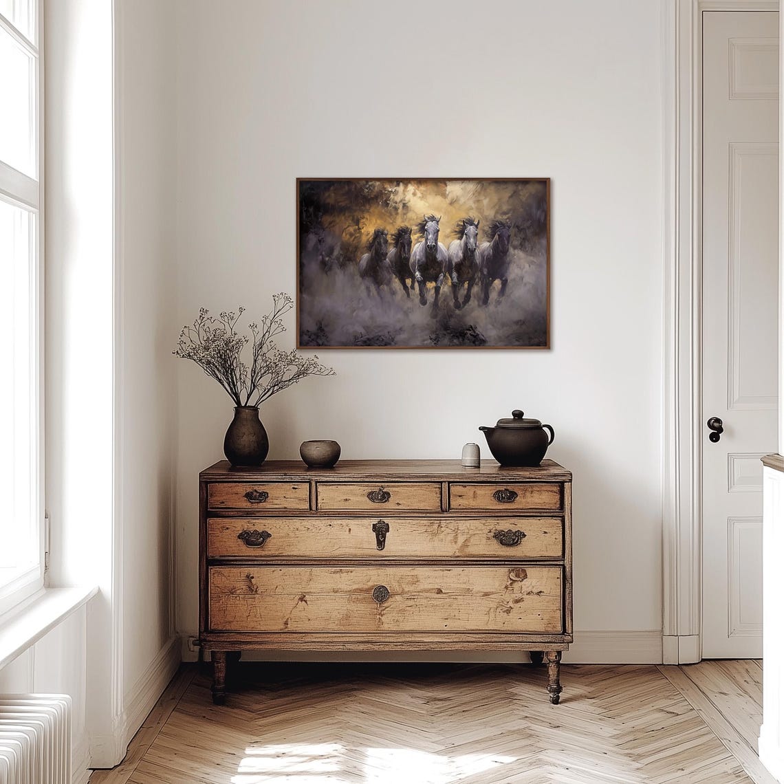 Five Galloping Horses Stampede Through Dramatic Golden Dust Poster - Image 4