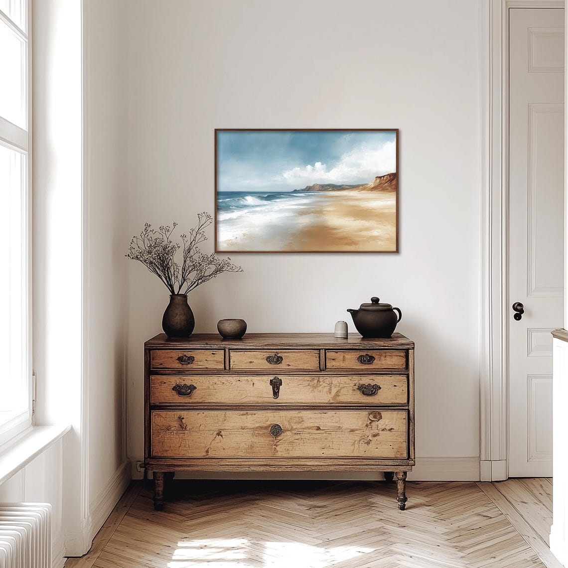 Sandy Ocean Beach With Gentle Waves And Golden Cliffs Poster - Image 4